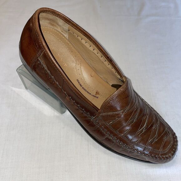 Brass Boot Dress Shoes Mens Size 12 M Brown Leather Criss Cross Toe Slip On - Picture 1 of 12